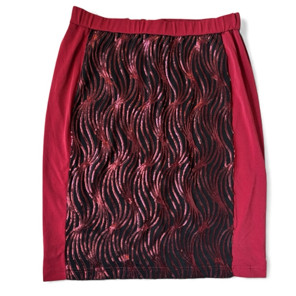 Bob Mackie Wearable Art Red Black Sequin Wave Stretch Midi Skirt Size M